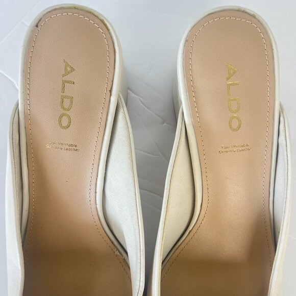 Sz 7.5 Aldo Brerwen White Leather Square Toe Block Heel Slip On Mule Shoes - Picture 6 of 15